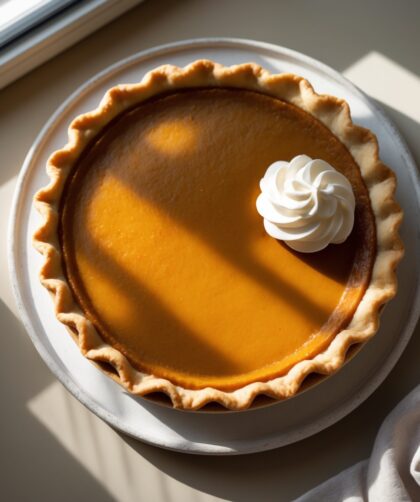 Martha Stewart-Inspired 5-Spice Pumpkin Pie ready to serve