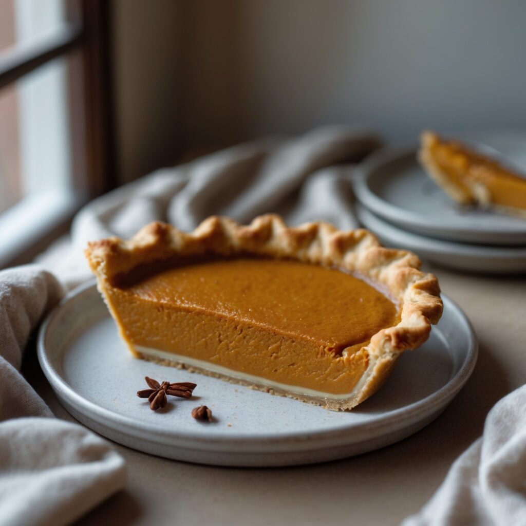 Close-up of Martha Stewart-Inspired 5-Spice Pumpkin Pie showing its texture