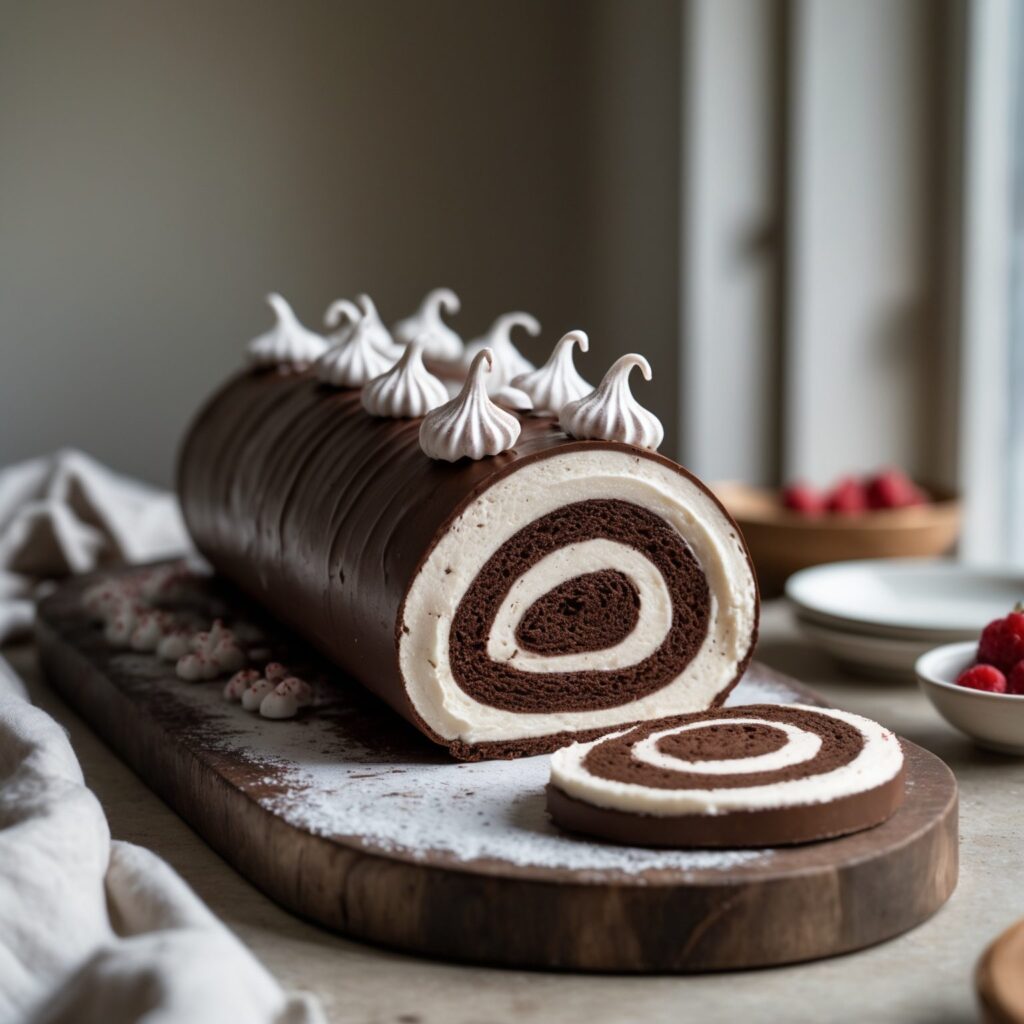 Close-up of Martha Stewart-Inspired Bûche de Noël showing its texture
