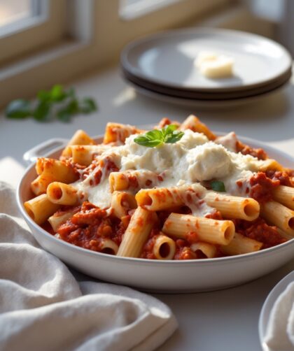 Martha Stewart-Inspired Baked Ziti ready to serve