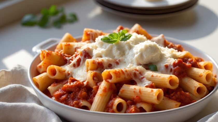 Martha Stewart-Inspired Baked Ziti ready to serve