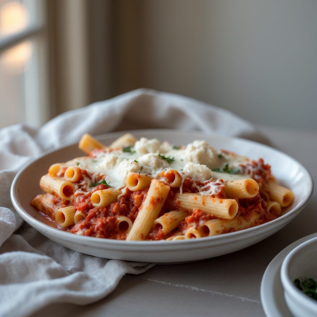 Close-up of Martha Stewart-Inspired Baked Ziti showing its texture