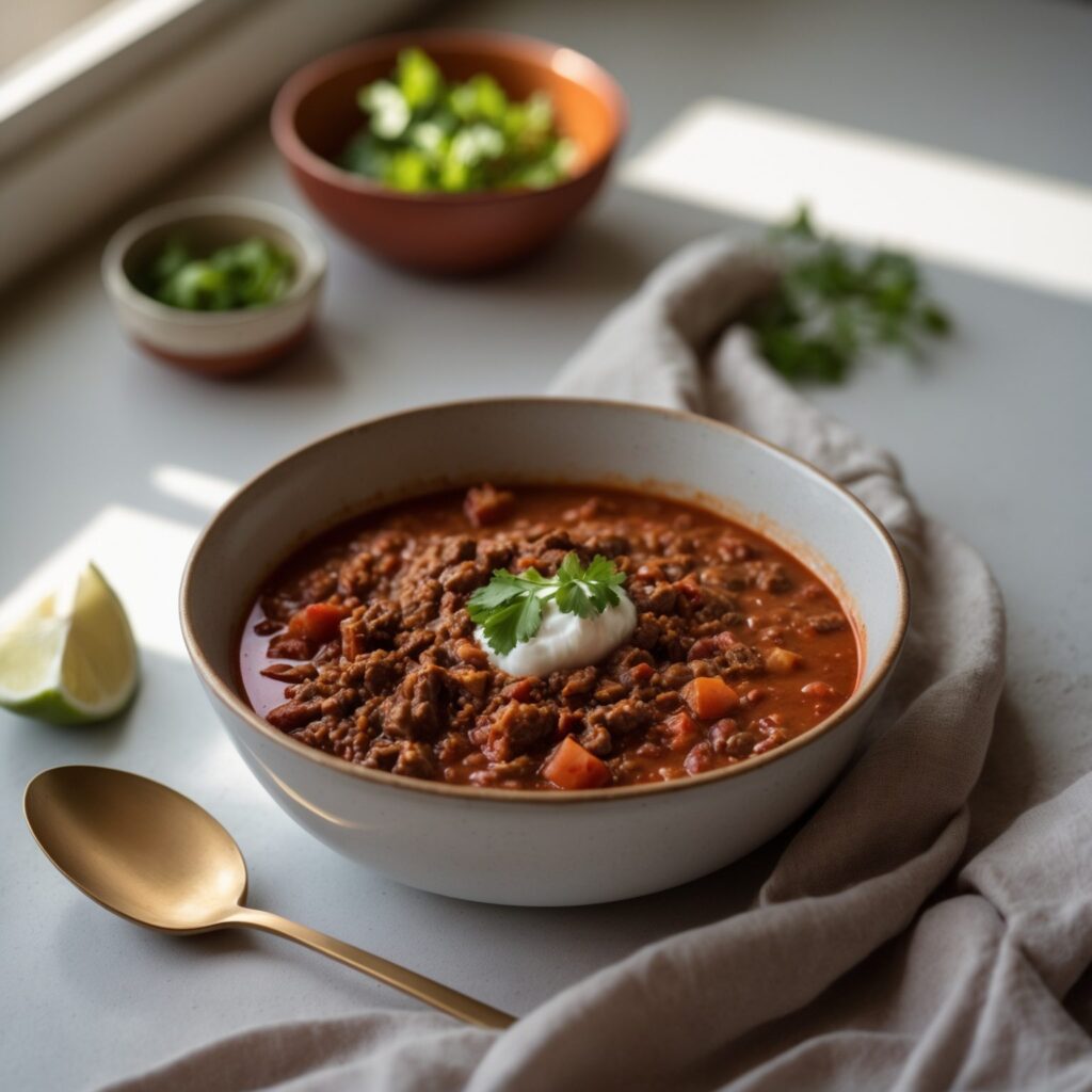 Martha Stewart-Inspired Beef Chili ready to serve