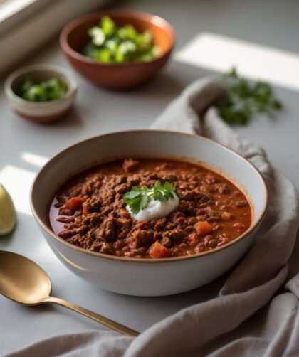 Martha Stewart-Inspired Beef Chili ready to serve