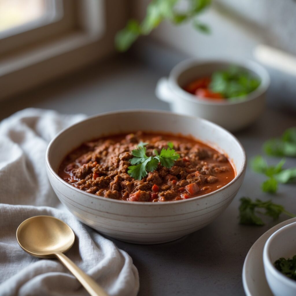 Close-up of Martha Stewart-Inspired Beef Chili showing its texture