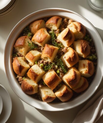 Martha Stewart-Inspired Brioche Stuffing ready to serve