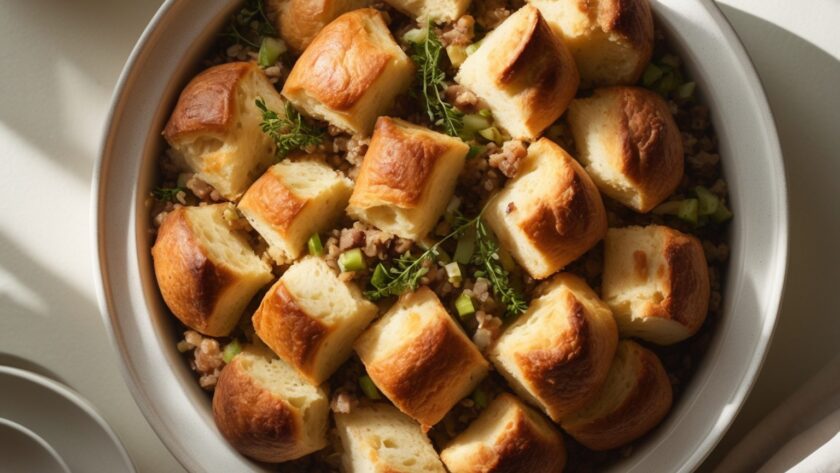 Martha Stewart-Inspired Brioche Stuffing ready to serve