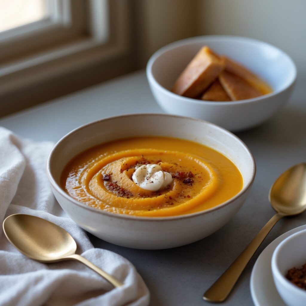 Close-up of Martha Stewart-Inspired Butternut Squash Soup showing its texture