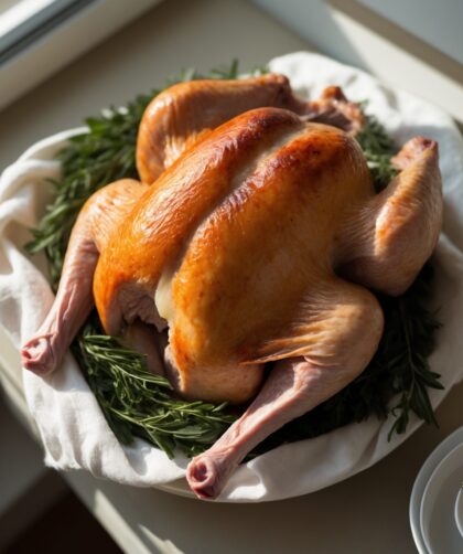 Martha Stewart-Inspired Cheesecloth Turkey ready to serve