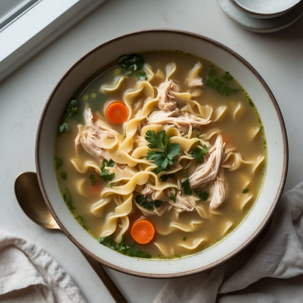 Martha Stewart-Inspired Chicken Noodle Soup ready to serve