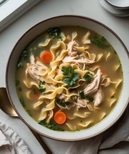 Martha Stewart-Inspired Chicken Noodle Soup ready to serve