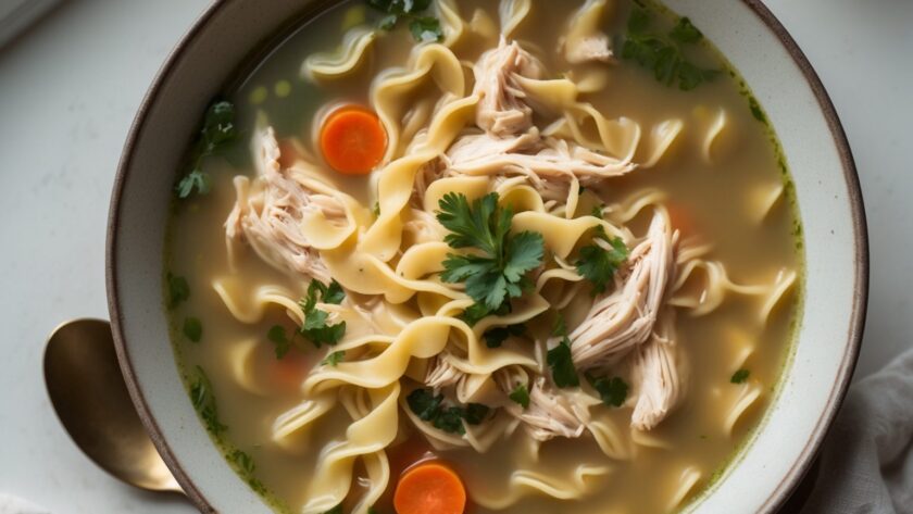 Martha Stewart-Inspired Chicken Noodle Soup ready to serve