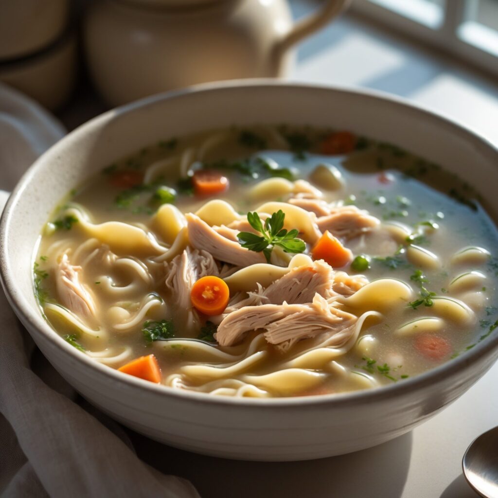 Close-up of Martha Stewart-Inspired Chicken Noodle Soup showing its texture