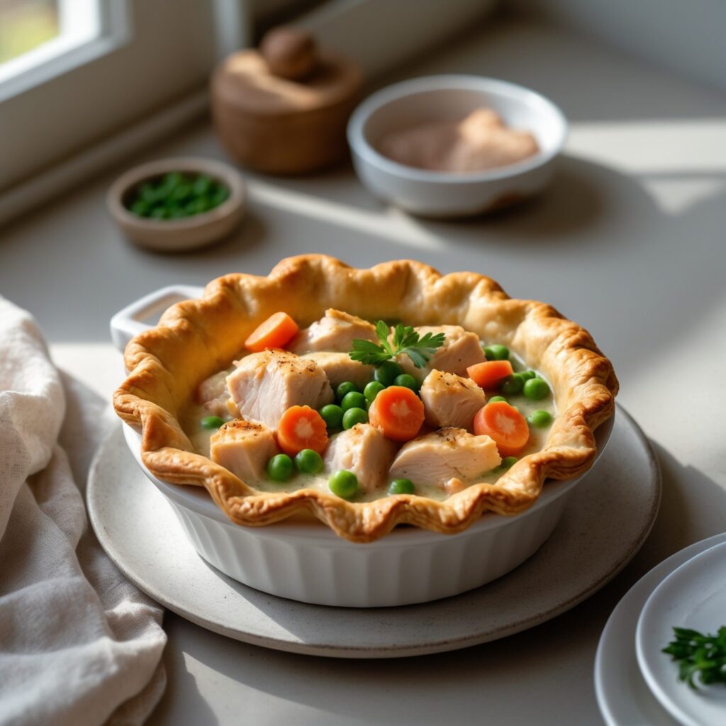 Martha Stewart-Inspired Chicken Pot Pie ready to serve