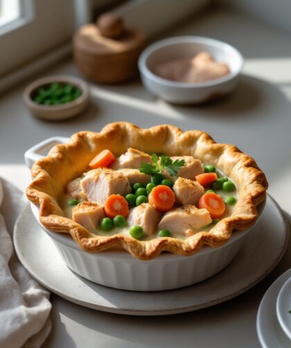 Martha Stewart-Inspired Chicken Pot Pie ready to serve