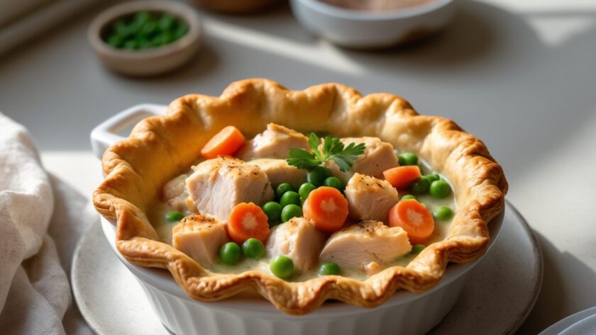 Martha Stewart-Inspired Chicken Pot Pie ready to serve