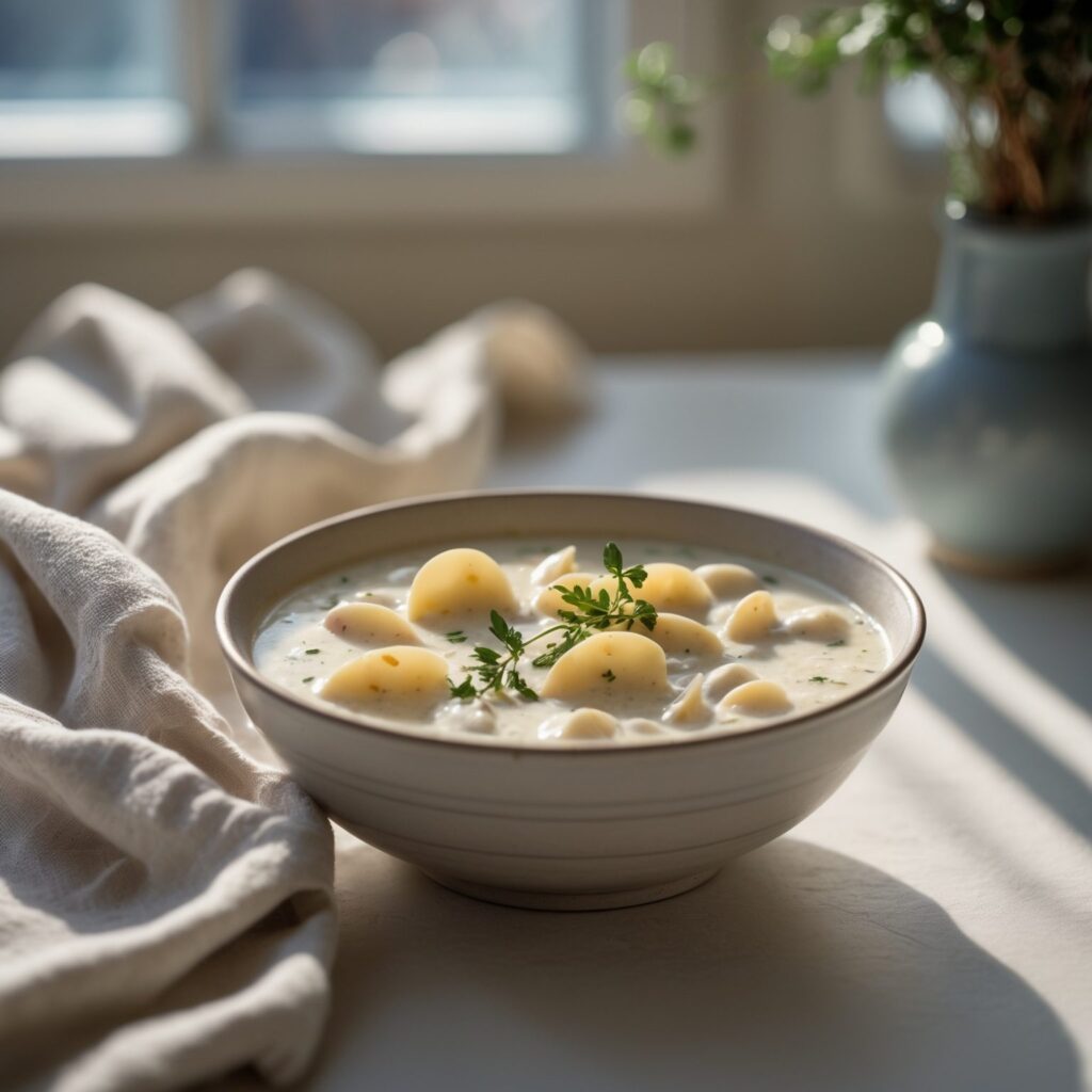 Close-up of Martha Stewart-Inspired Clam Chowder showing its texture