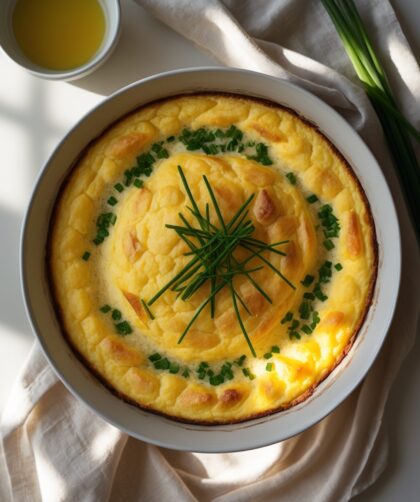 Martha Stewart-Inspired Corn Pudding with Chives ready to serve
