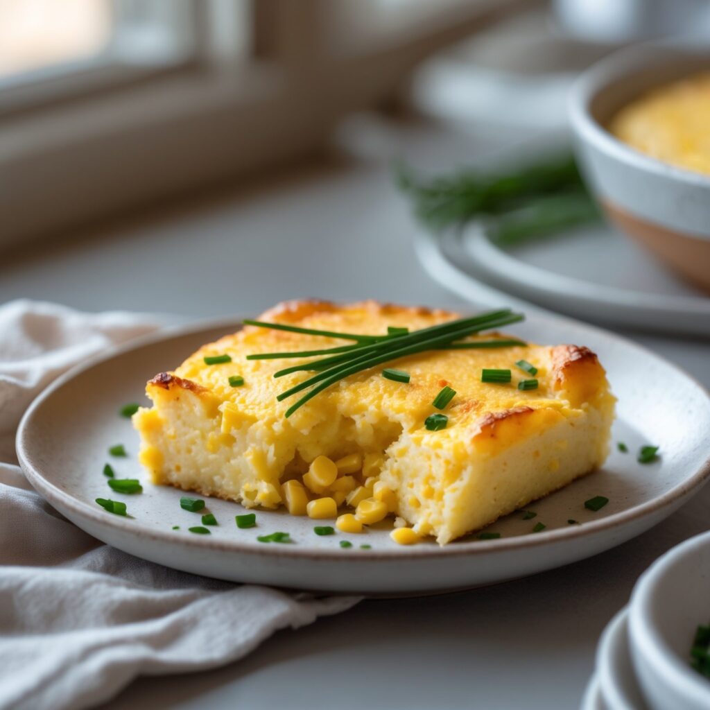Close-up of Martha Stewart-Inspired Corn Pudding with Chives showing its texture