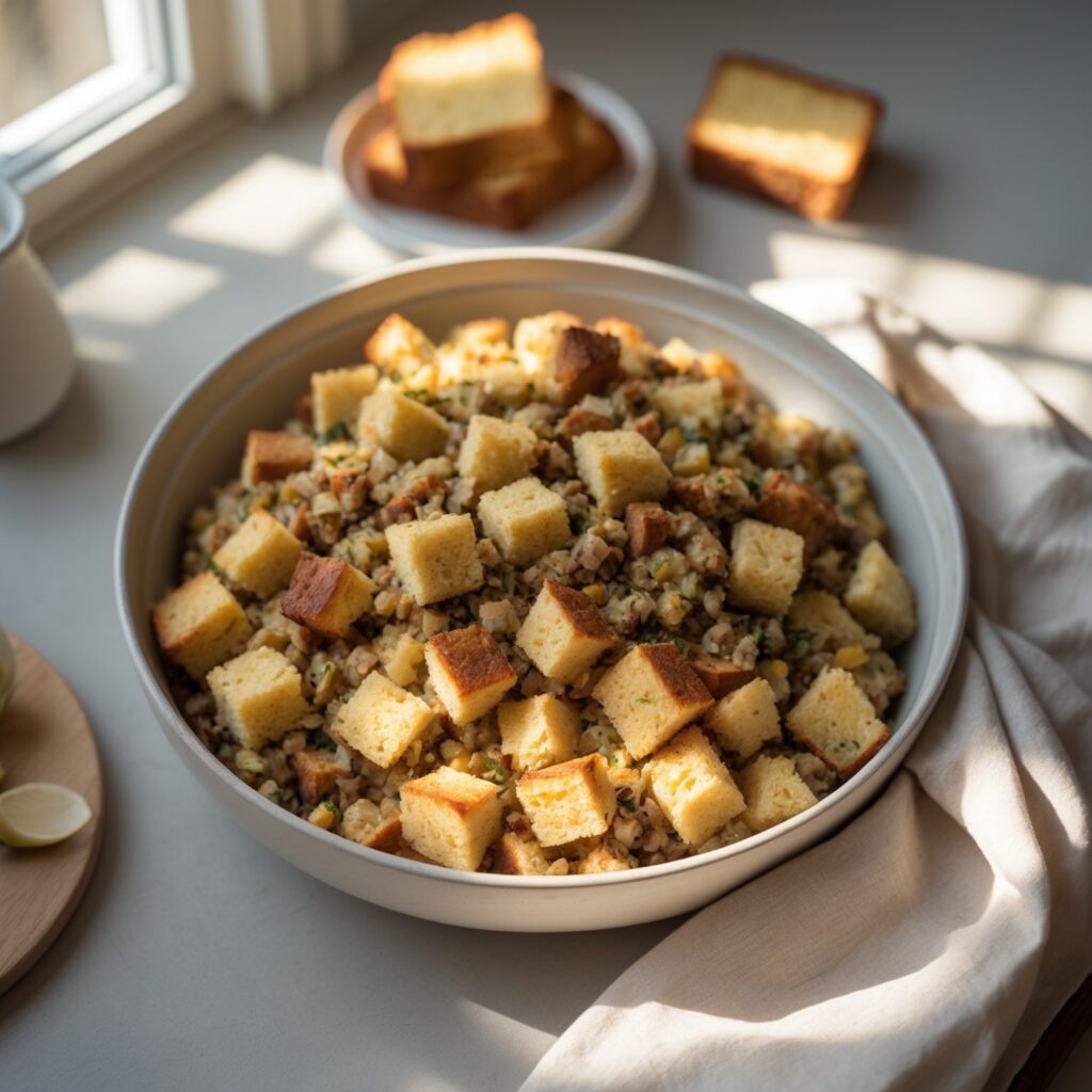 Martha Stewart-Inspired Cornbread Stuffing ready to serve