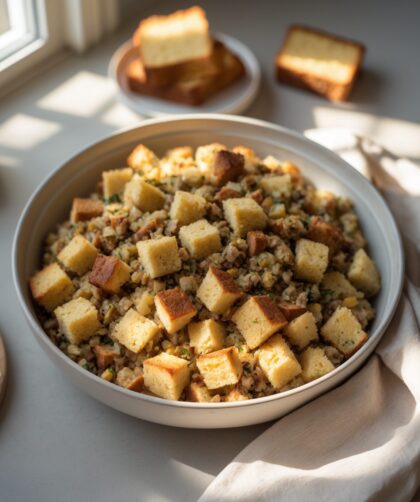 Martha Stewart-Inspired Cornbread Stuffing ready to serve