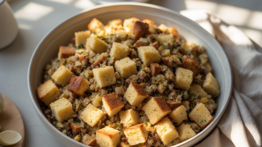 Martha Stewart-Inspired Cornbread Stuffing ready to serve
