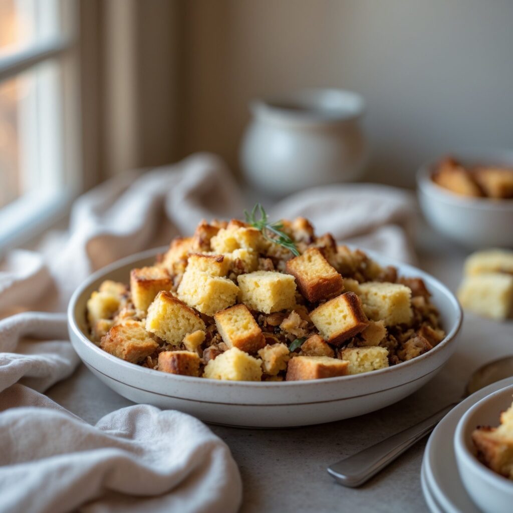 Close-up of Martha Stewart-Inspired Cornbread Stuffing showing its texture