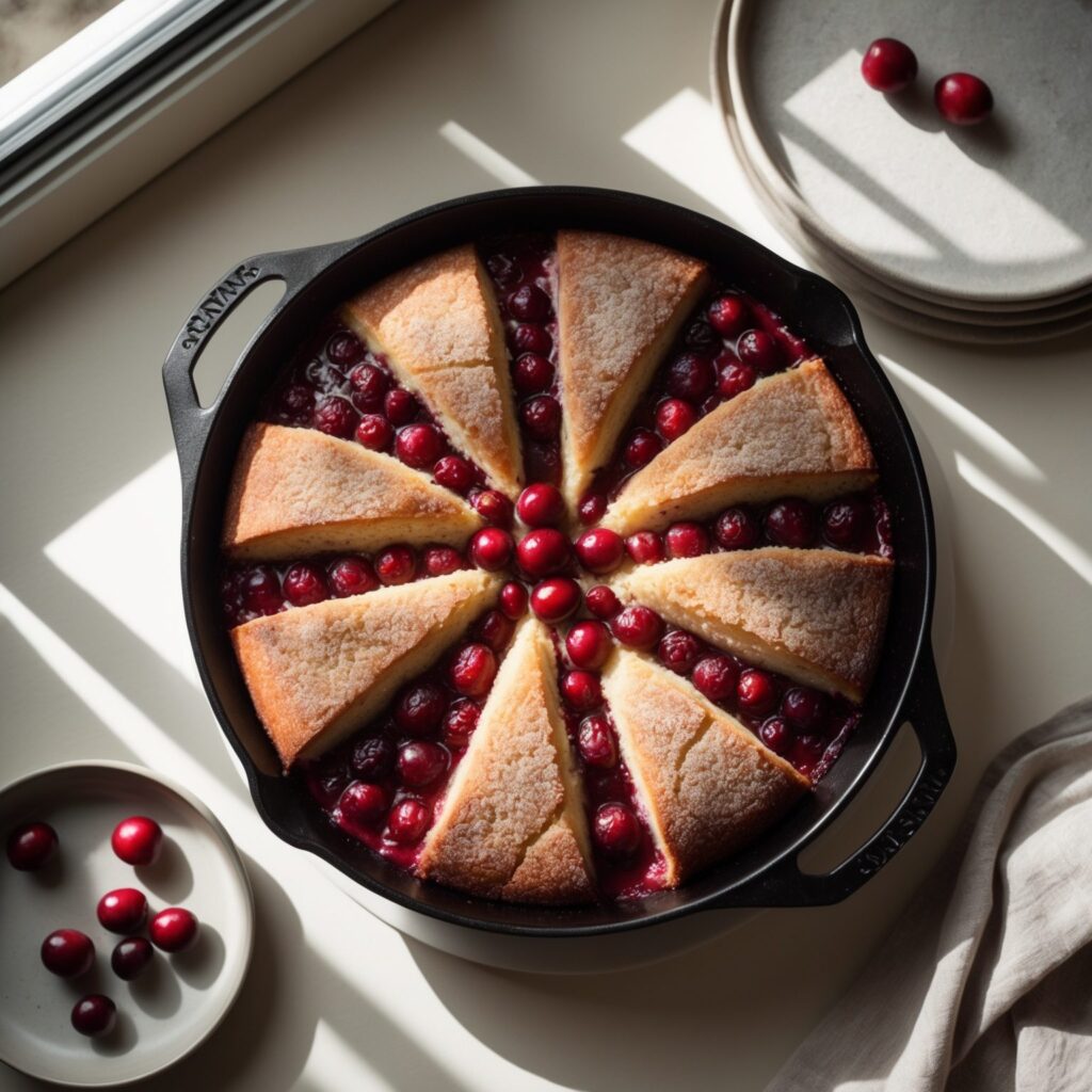Martha Stewart-Inspired Cranberry Skillet Cake ready to serve