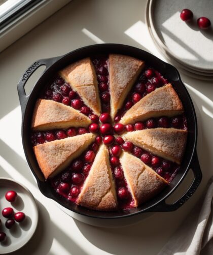 Martha Stewart-Inspired Cranberry Skillet Cake ready to serve