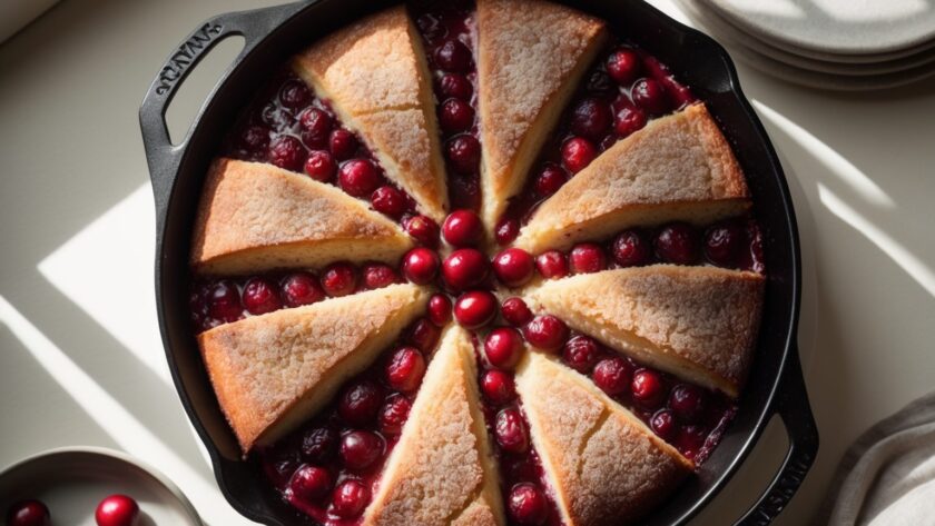 Martha Stewart-Inspired Cranberry Skillet Cake ready to serve