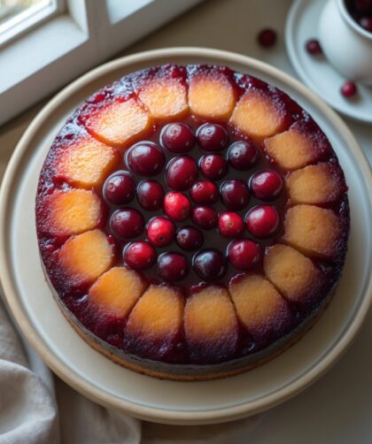Martha Stewart-Inspired Cranberry Upside-Down Cake ready to serve