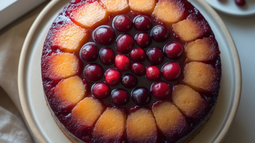 Martha Stewart-Inspired Cranberry Upside-Down Cake ready to serve