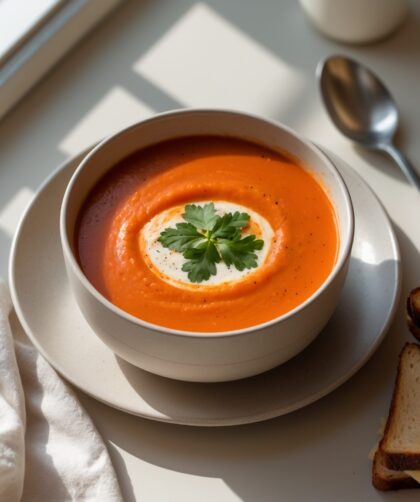 Martha Stewart-Inspired Creamy Tomato Soup ready to serve