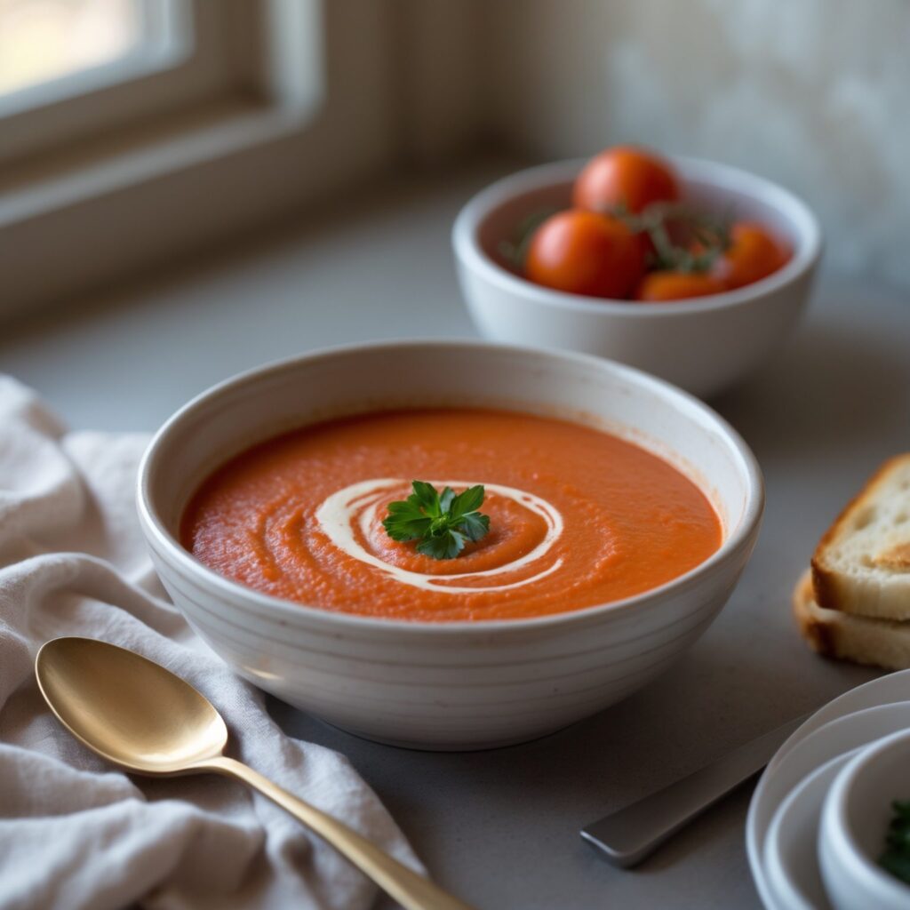 Close-up of Martha Stewart-Inspired Creamy Tomato Soup showing its texture