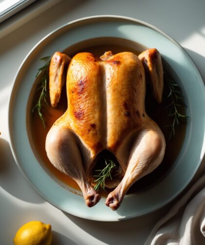 Martha Stewart-Inspired Flat Roast Chicken ready to serve