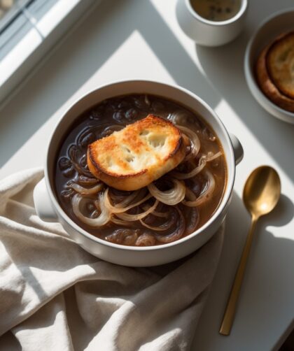 Martha Stewart-Inspired French Onion Soup ready to serve