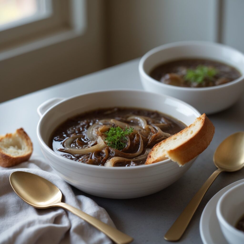 Close-up of Martha Stewart-Inspired French Onion Soup showing its texture