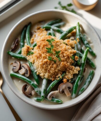 Martha Stewart-Inspired Green Bean Casserole ready to serve
