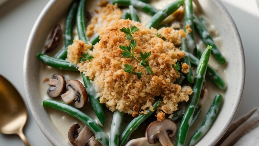 Martha Stewart-Inspired Green Bean Casserole ready to serve