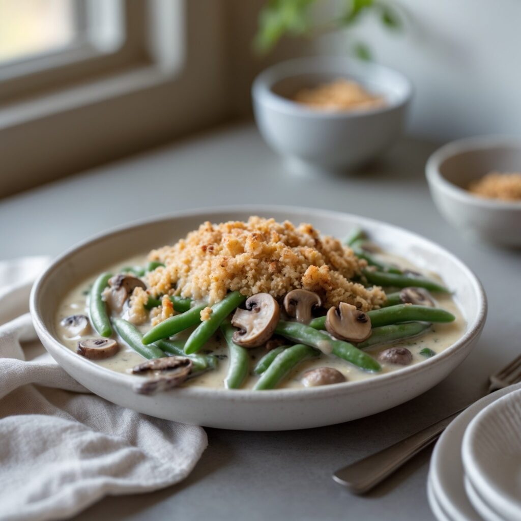 Close-up of Martha Stewart-Inspired Green Bean Casserole showing its texture