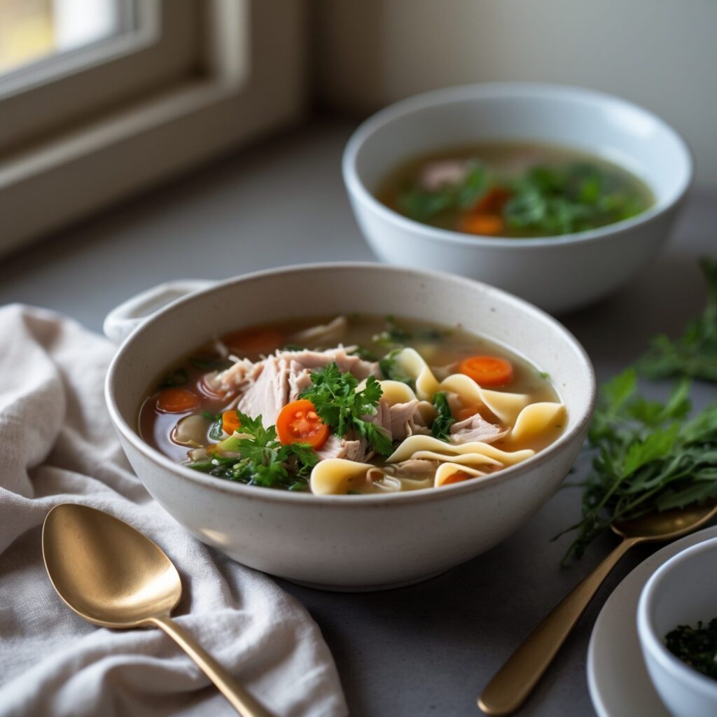 Close-up of Martha Stewart-Inspired Leftover Turkey Soup showing its texture