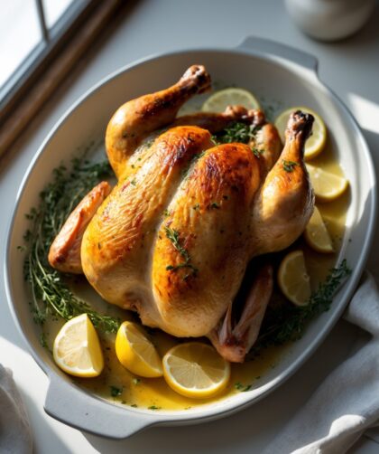 Martha Stewart-Inspired Lemon Roast Chicken ready to serve