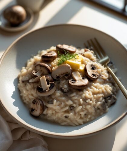 Martha Stewart-Inspired Mushroom Risotto ready to serve