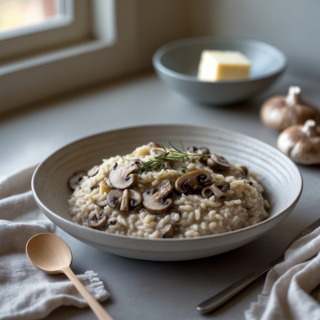 Close-up of Martha Stewart-Inspired Mushroom Risotto showing its texture