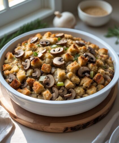 Martha Stewart-Inspired Mushroom Stuffing ready to serve
