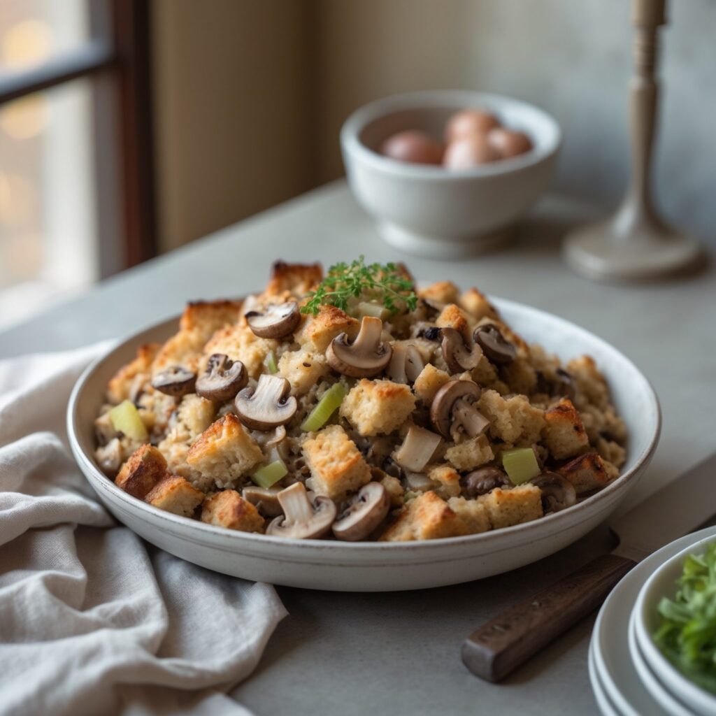 Close-up of Martha Stewart-Inspired Mushroom Stuffing showing its texture