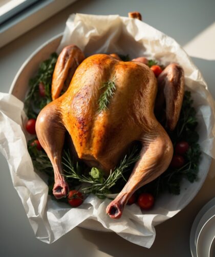 Martha Stewart-Inspired Parchment Paper Turkey ready to serve