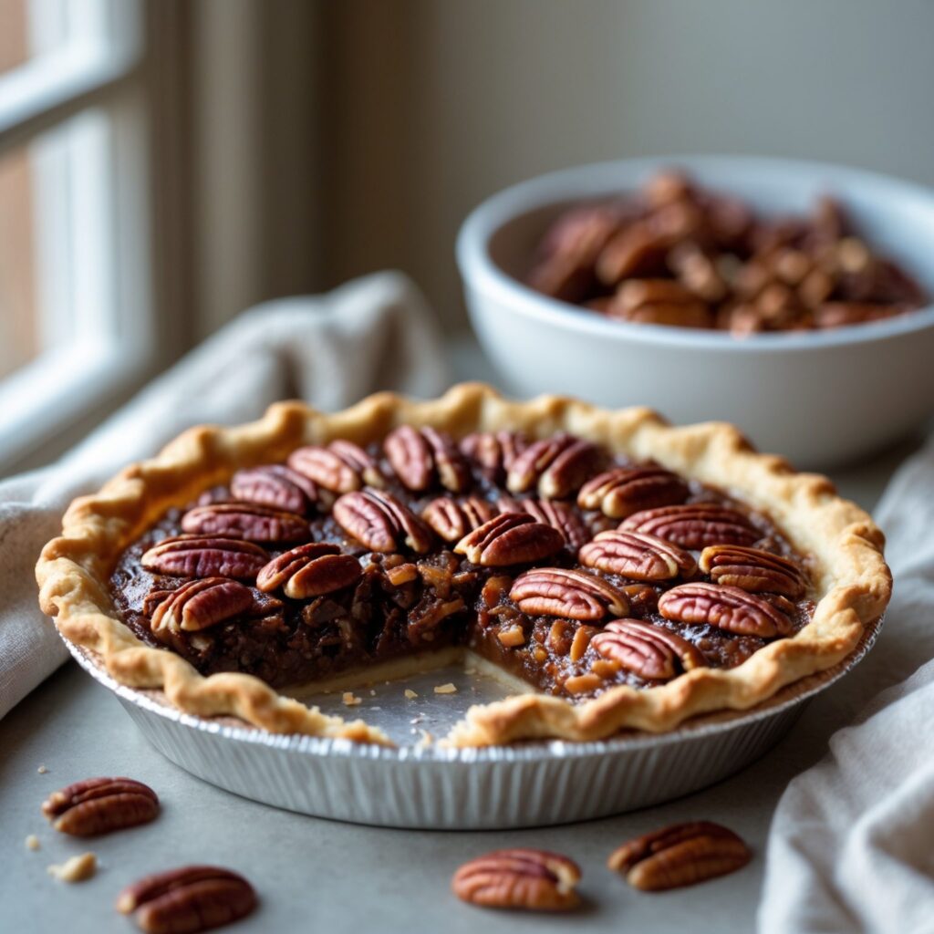 Close-up of Martha Stewart-Inspired Pecan Pie showing its texture