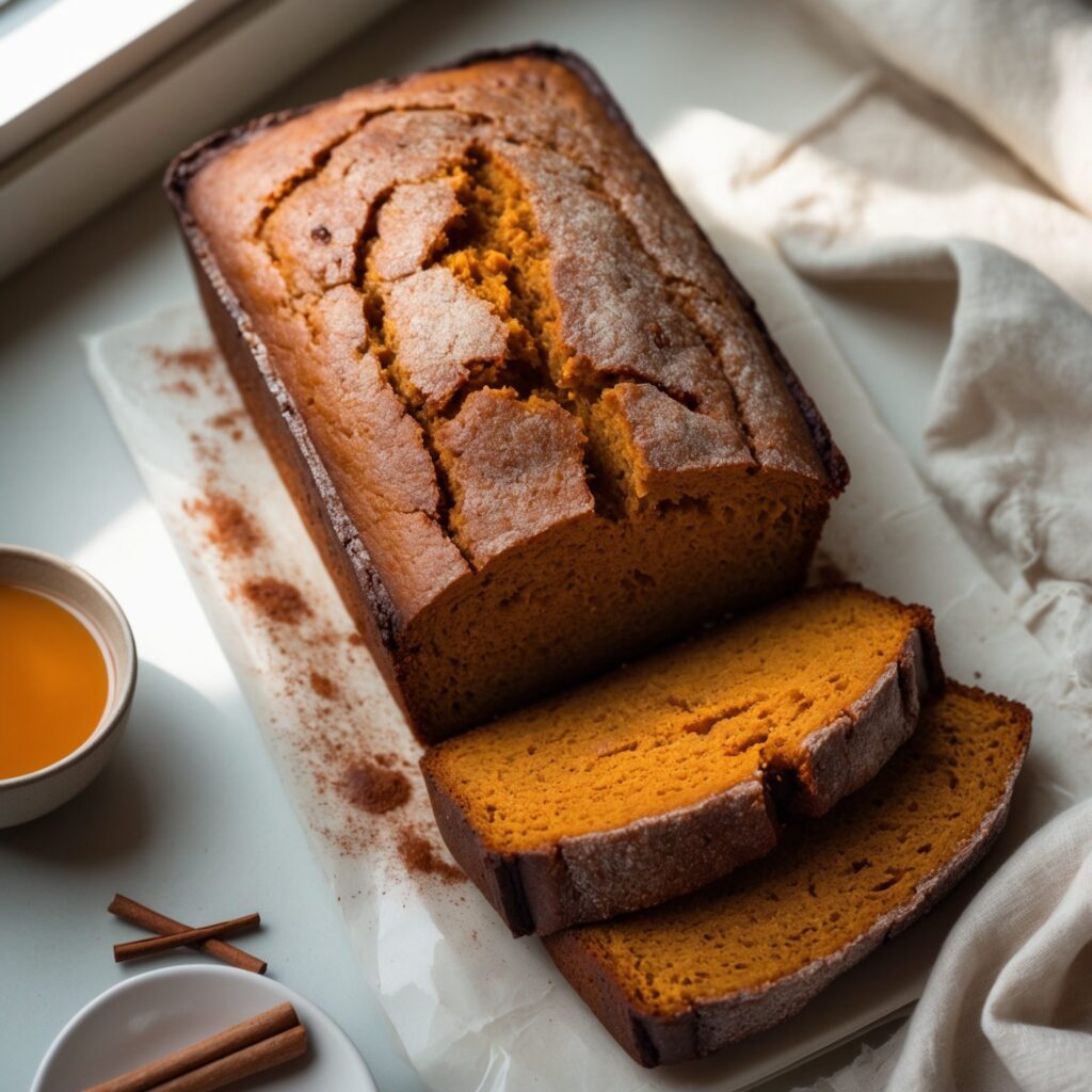 Martha Stewart-Inspired Pumpkin Bread Loaf ready to serve
