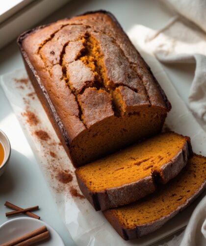 Martha Stewart-Inspired Pumpkin Bread Loaf ready to serve